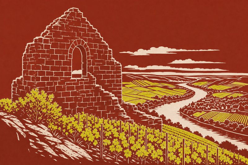 Linolschnitt: der Bergfried der Clingenburg über den Weinbergen