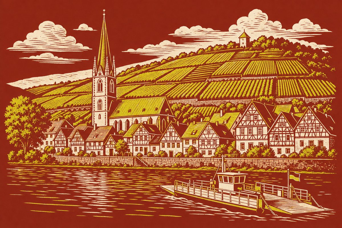 Linolschnitt: Fachwerkhäuser, Kirchturm und Weinbergterrassen einer kleinen Stadt am Main