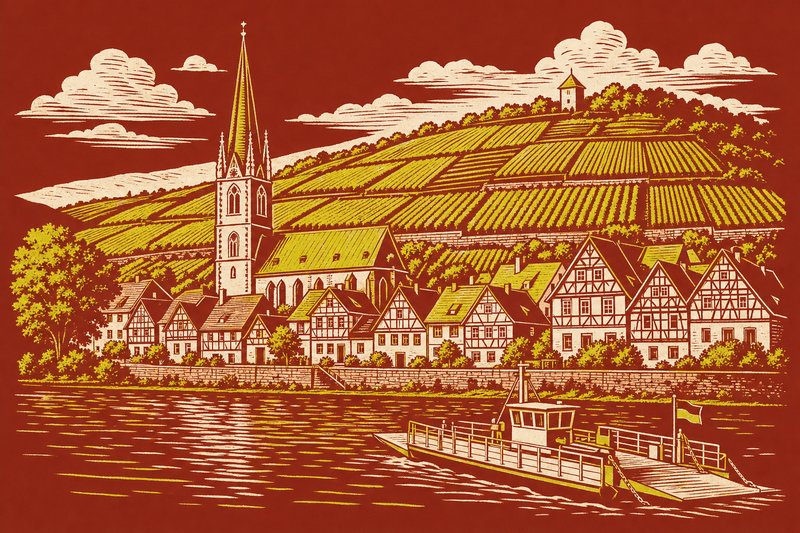 Linolschnitt: Klingenberg am Main mit Kirchturm und Weinbergen