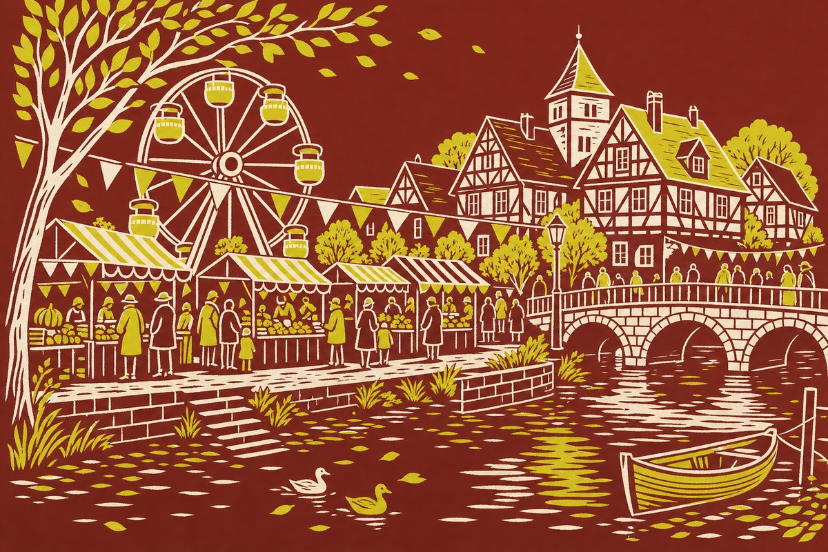 Linolschnitt: Herbstmesse am Fluss mit kleinem Riesenrad, Marktständen und Fachwerkhäusern