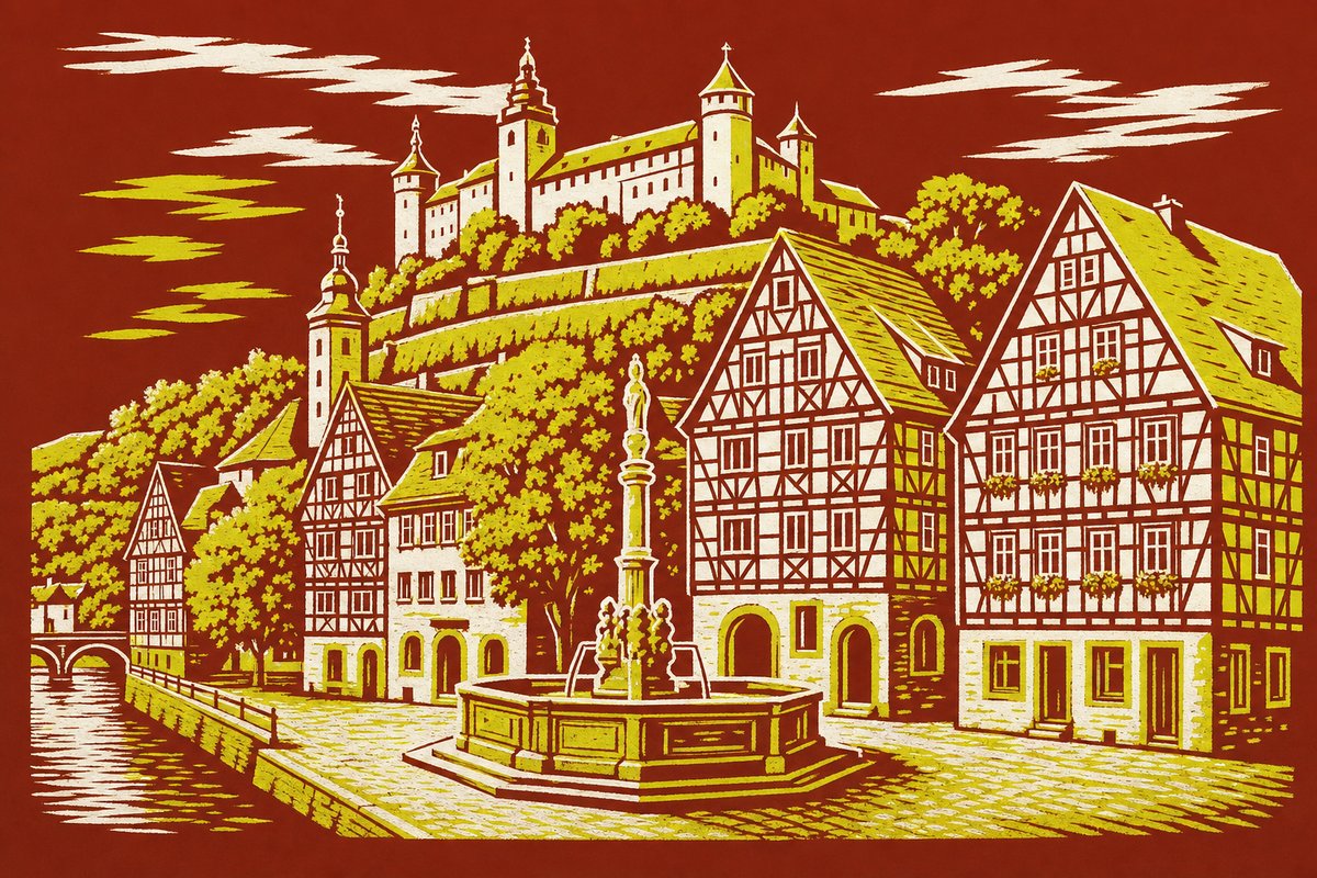 Linolschnitt: Marktplatz mit hohen Fachwerkhäusern und Brunnen, darüber eine Burg