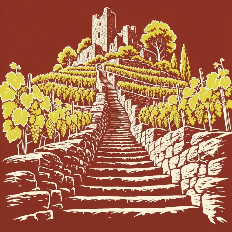 Linolschnitt: steile Steintreppe zwischen Weinbergmauern hinauf zum Bergfried einer Burgruine