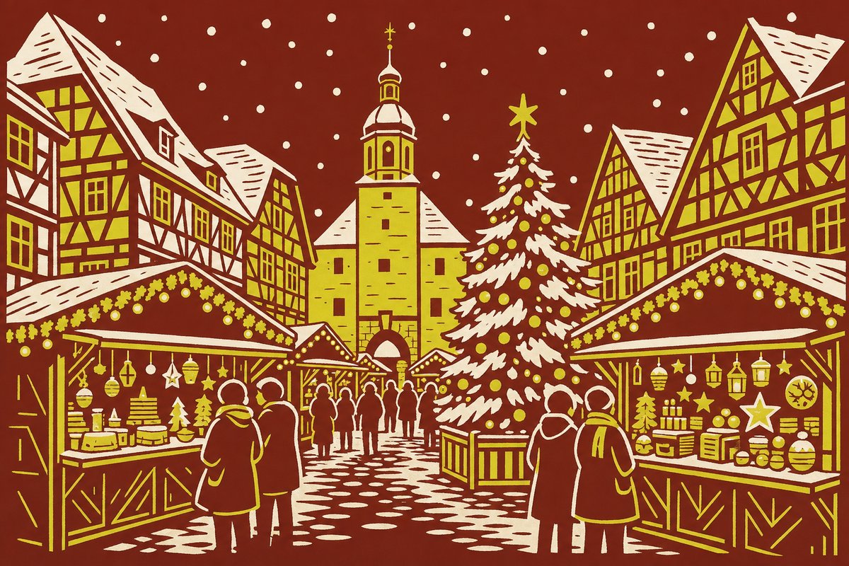 Linolschnitt: Weihnachtsmarkt zwischen Fachwerkhäusern mit Holzbuden, Lichtern und Schnee